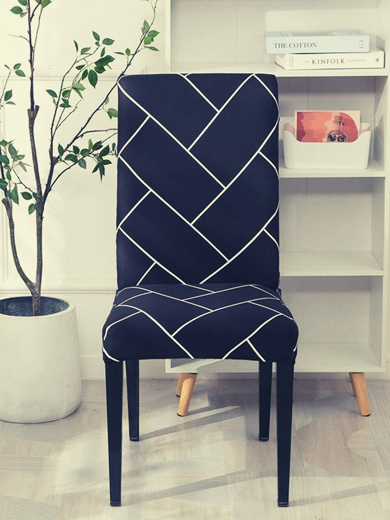 PENTHOOM Elastic Dining Chair Cover - Premium Fabric Seat Slipcover - Blue Brick Pattern