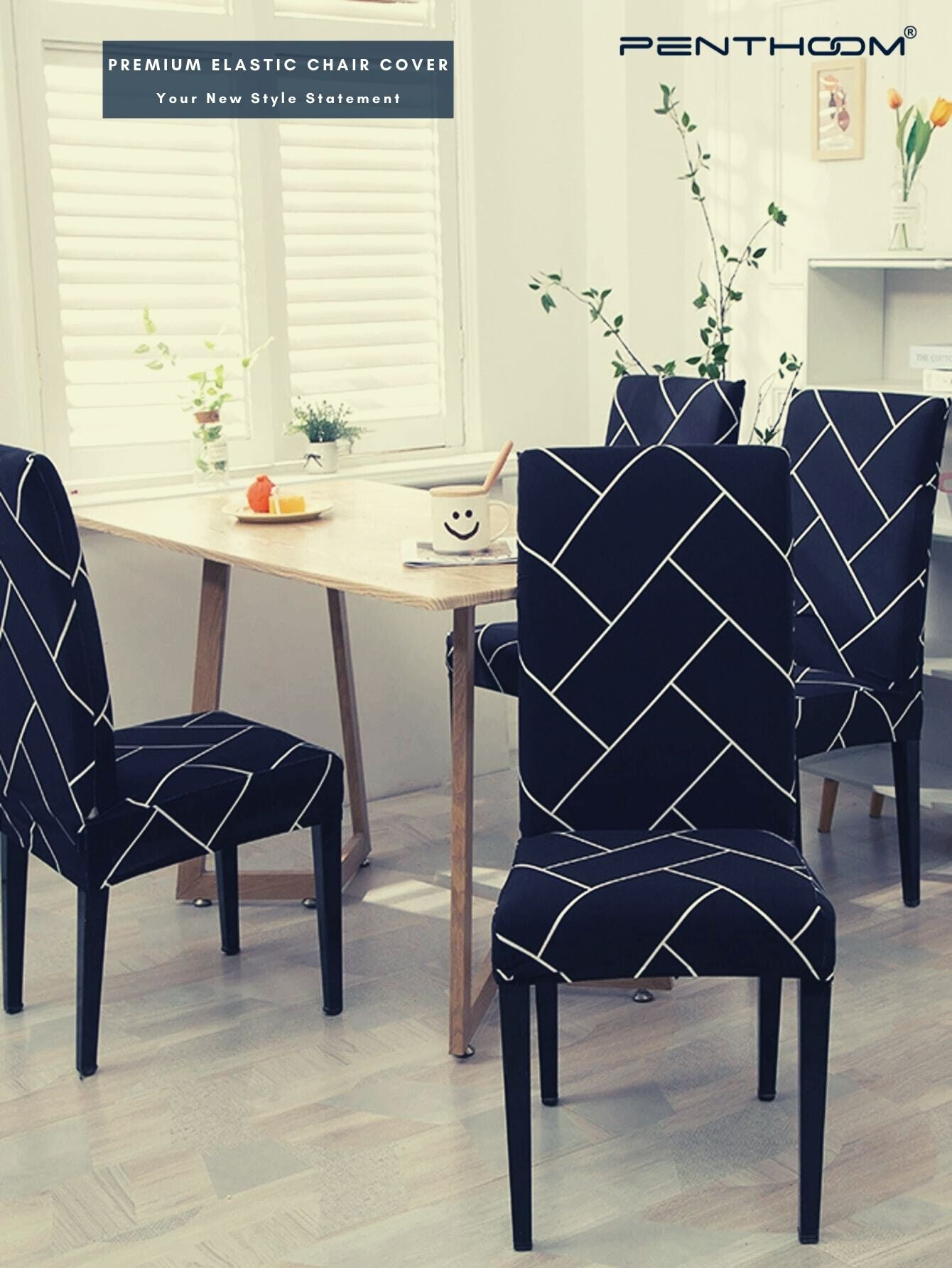 PENTHOOM Elastic Dining Chair Cover - Premium Fabric Seat Slipcover - Blue Brick Pattern