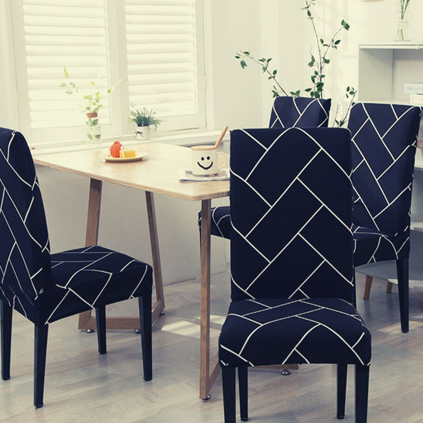 PENTHOOM Elastic Dining Chair Cover - Premium Fabric Seat Slipcover - Blue Brick Pattern