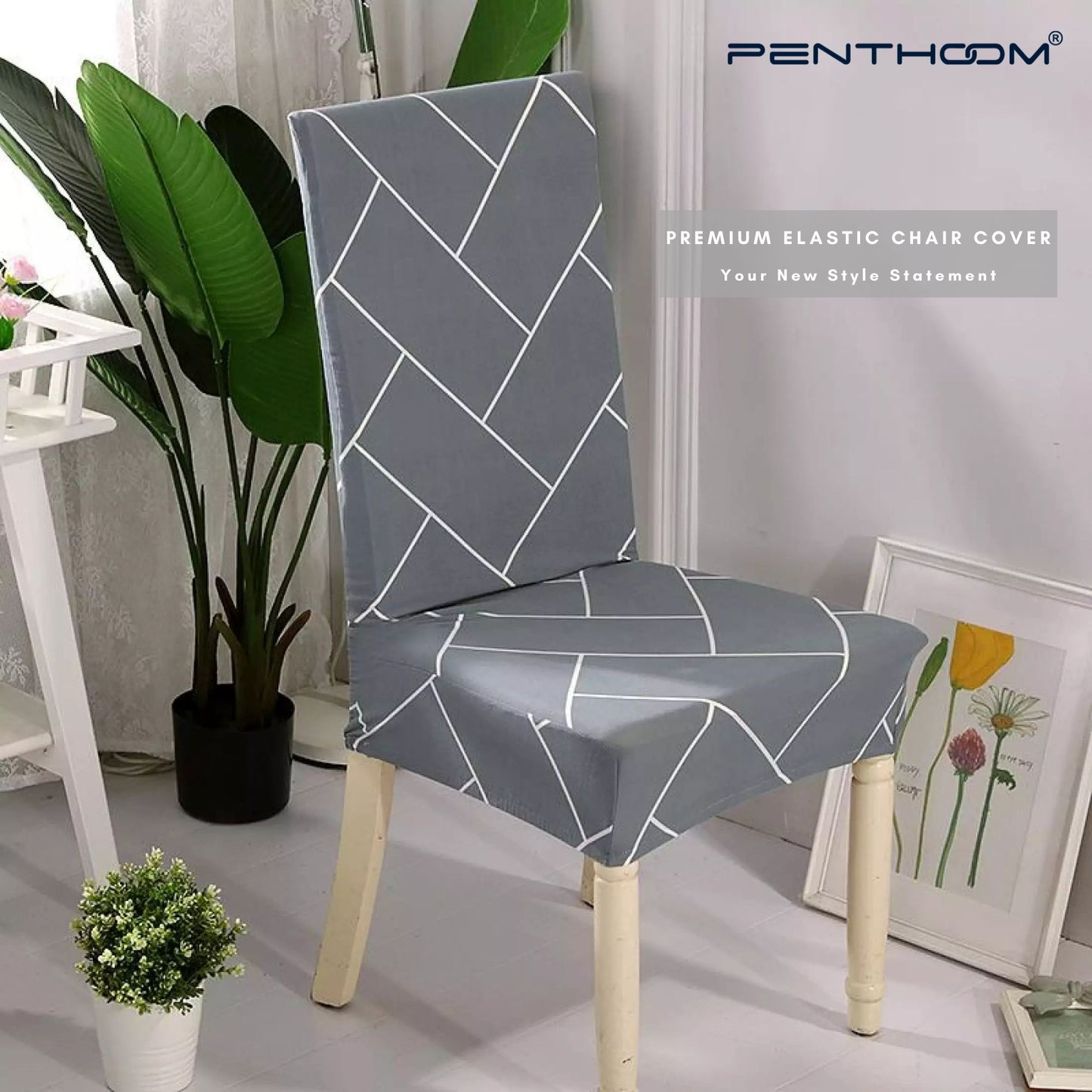 PENTHOOM Elastic Dining Chair Cover - Premium Fabric Seat Slipcover - Grey Brick Pattern