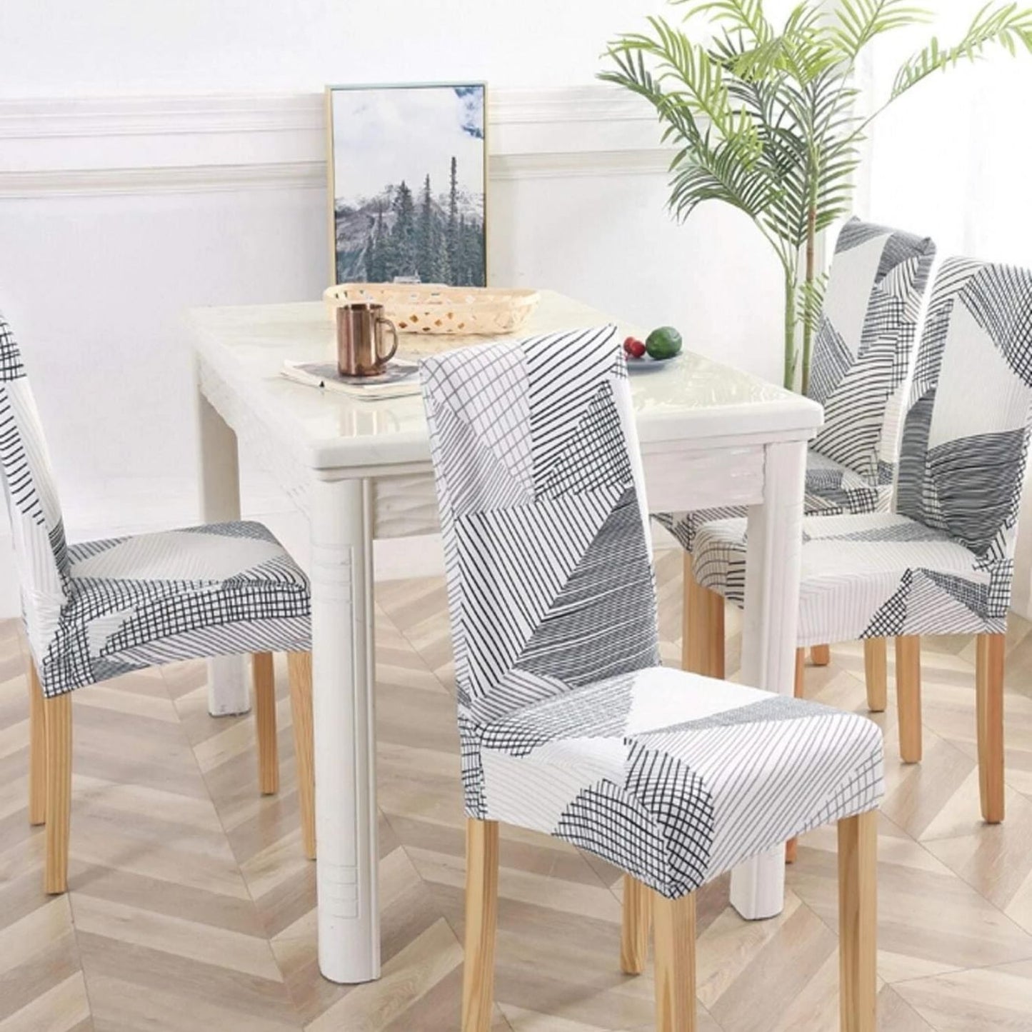 PENTHOOM Elastic Dining Chair Cover - Premium Fabric Seat Slipcover - Grey White Triangle