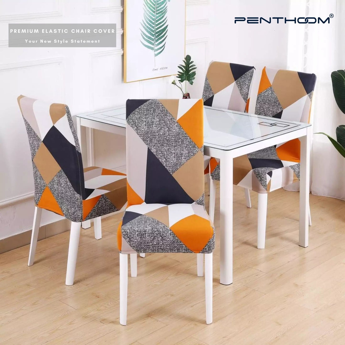 PENTHOOM Elastic Dining Chair Cover - Premium Fabric Seat Slipcover - Orange Diamond Pattern
