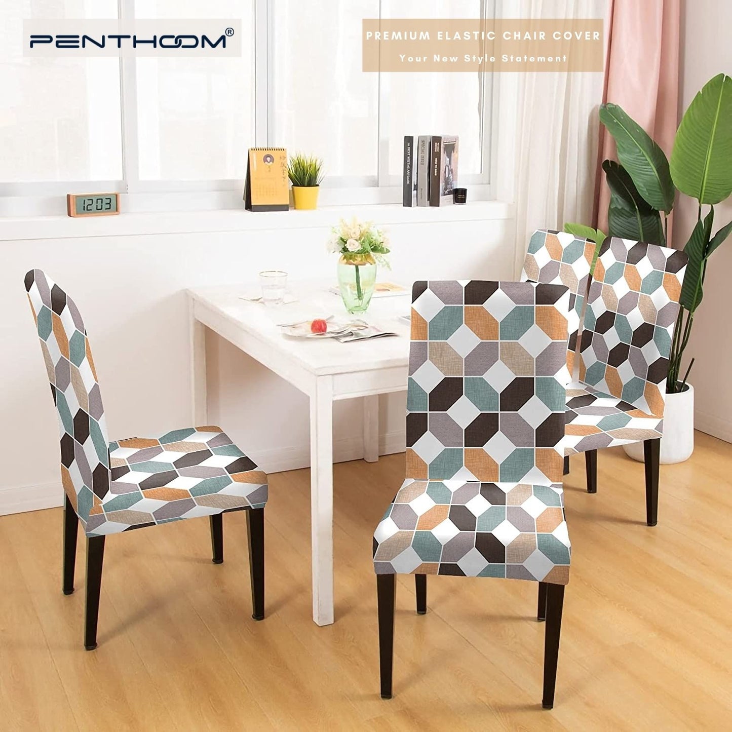 PENTHOOM Elastic Dining Chair Cover - Premium Fabric Seat Slipcover - Octagon Multi Color