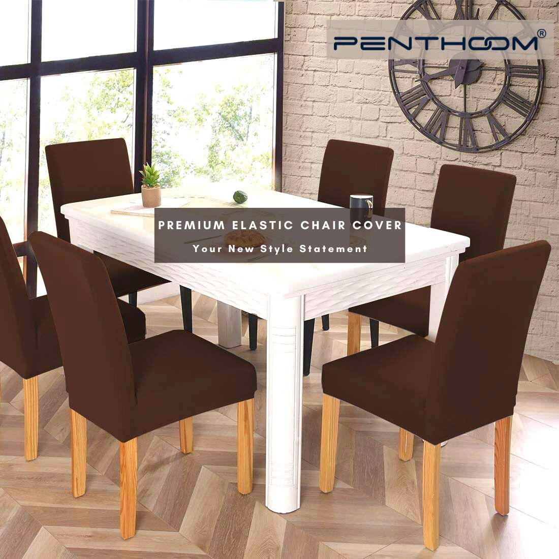 PENTHOOM Elastic Dining Chair Cover - Premium Fabric Seat Slipcover - Brown