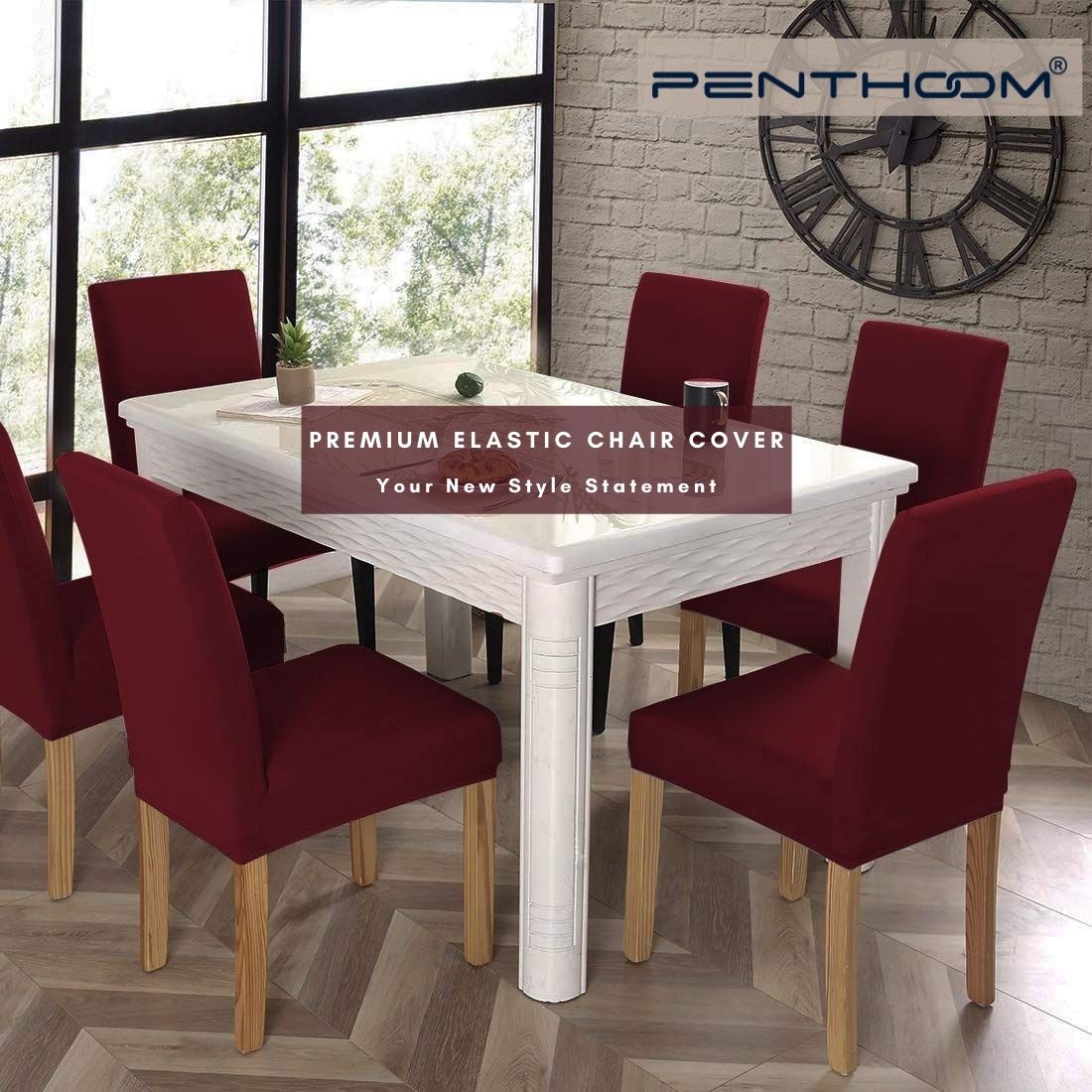 PENTHOOM Elastic Dining Chair Cover - Premium Fabric Seat Slipcover - Maroon