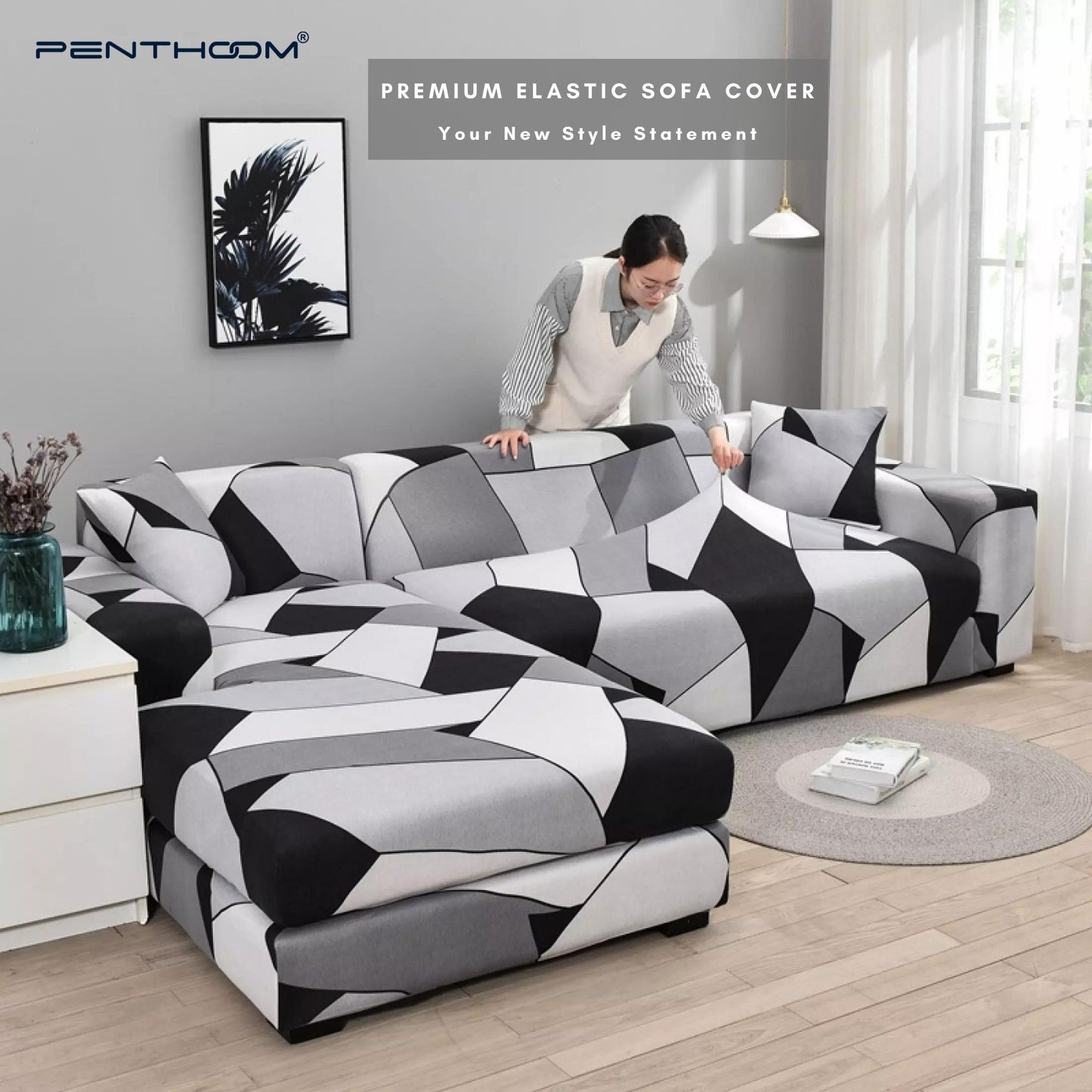 PENTHOOM Elastic Premium Sofa Covers Stretchable - Grey Black Rock